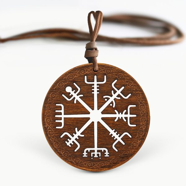 Amuleta Pandantiv din Lemn cu Simbolul Vegvisir din Nuc