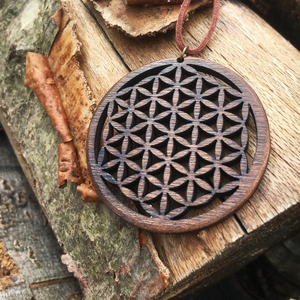 Pandant Amuleta din Lemn - Floarea Vietii - Flower of Life - Nuc