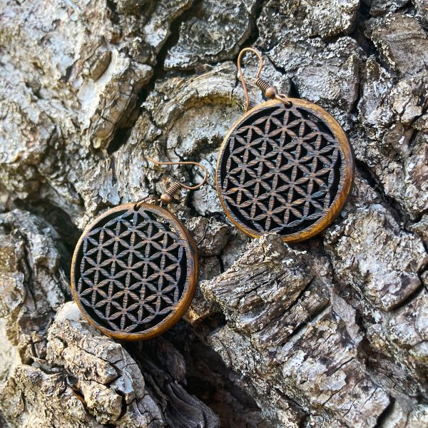 Cercei amuleta din Lemn - Floarea Vietii - Flower of Life - nuc