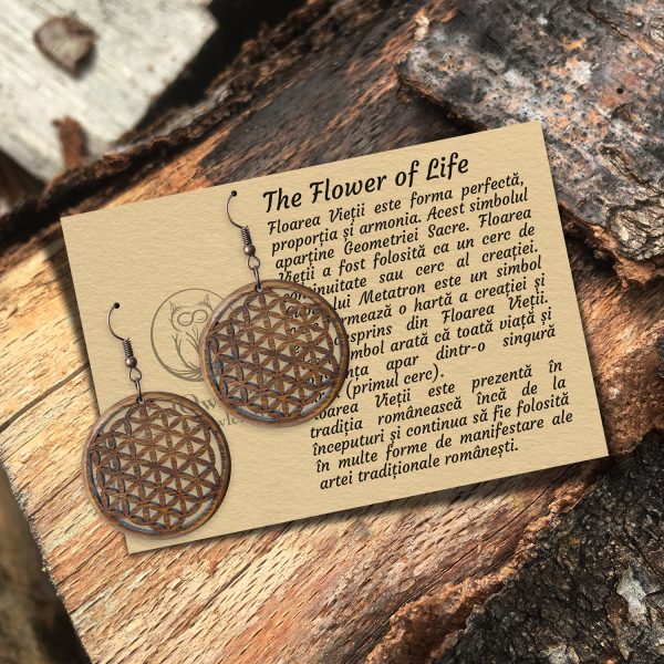 Cercei amuleta din Lemn - Floarea Vietii - Flower of Life - nuc