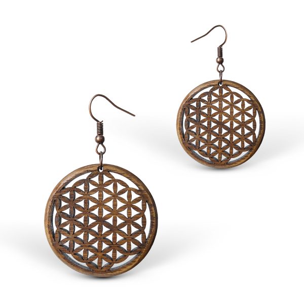 Cercei amuleta din Lemn - Floarea Vietii - Flower of Life - nuc