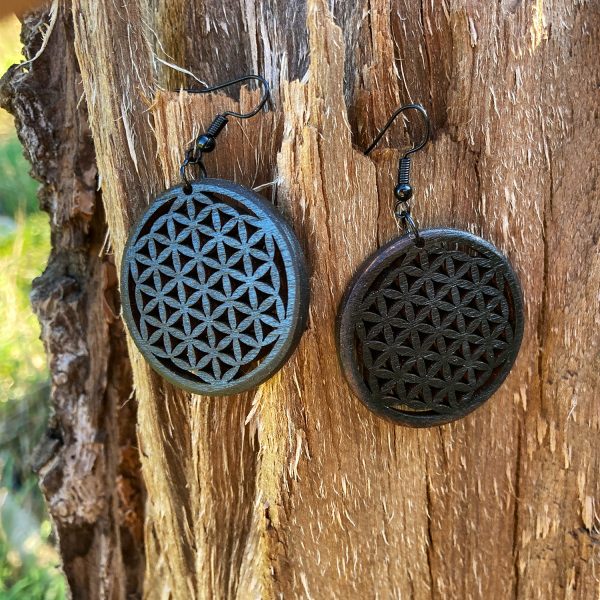 Cercei amuleta din Lemn - Floarea Vietii - Flower of Life - wenge