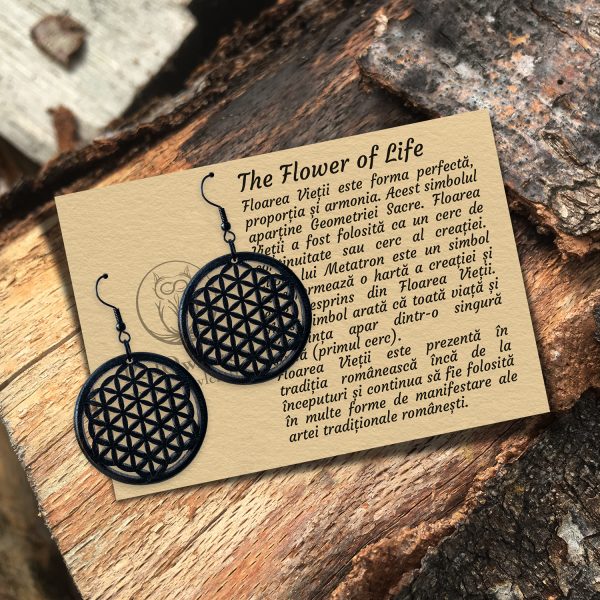Cercei amuleta din Lemn - Floarea Vietii - Flower of Life - wenge