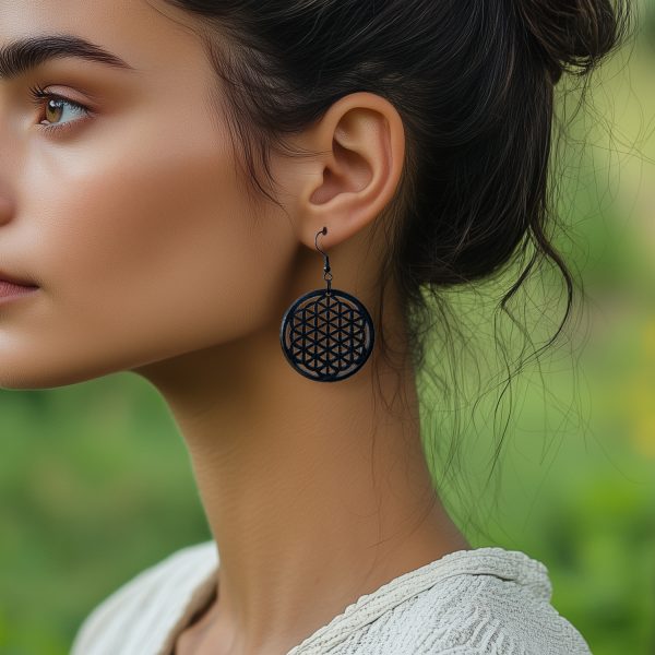 Cercei amuleta din Lemn - Floarea Vietii - Flower of Life - wenge