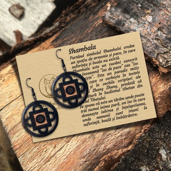 Cercei amuleta din lemn cu Simbolul Shambala