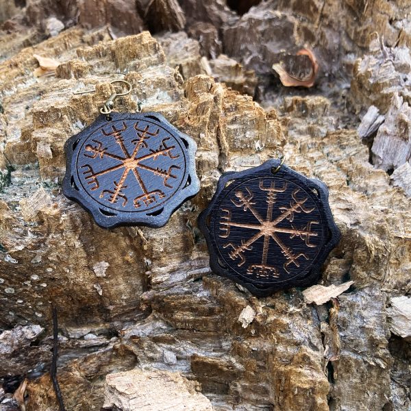 Cercei amuleta din Lemn cu Simbolul Vegvisir