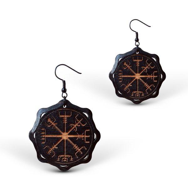 Cercei amuleta din Lemn cu Simbolul Vegvisir