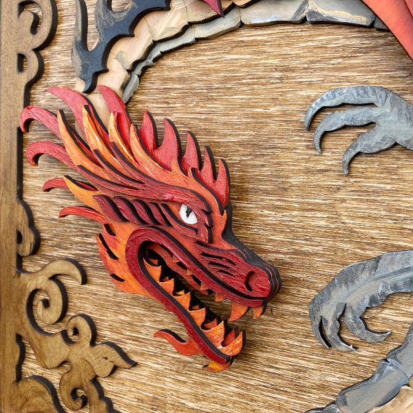 Tablou lemn pictat manual - The Dragon - Foc nuc