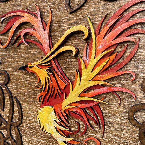 Tablou lemn pictat manual - The Phoenix - Foc - nuc