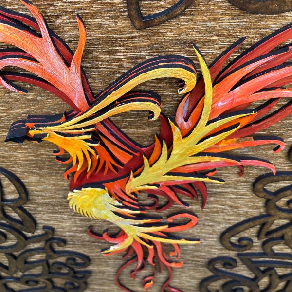 Tablou lemn pictat manual - The Phoenix - Foc - nuc
