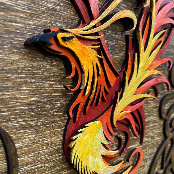 Tablou lemn pictat manual - The Phoenix - Foc - nuc