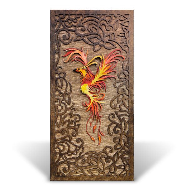 Tablou lemn pictat manual - The Phoenix - Foc - nuc