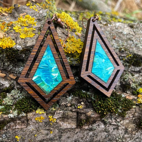 Cercei din Lemn Intarsie Diamond - Albastru