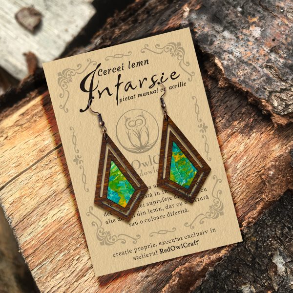 Cercei din Lemn Intarsie Diamond - Verde
