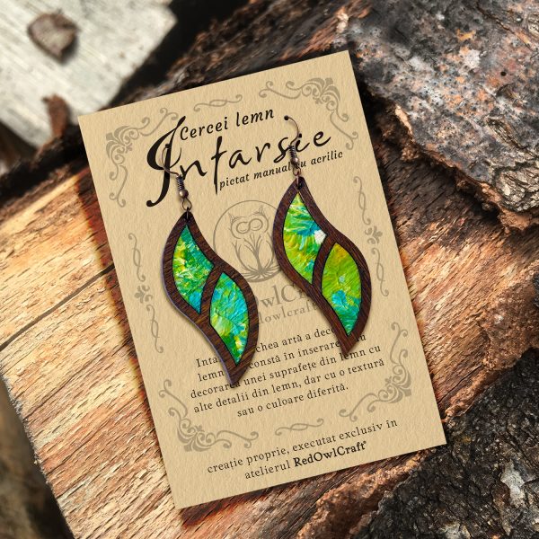 Cercei din Lemn Intarsie Leaf - Verde