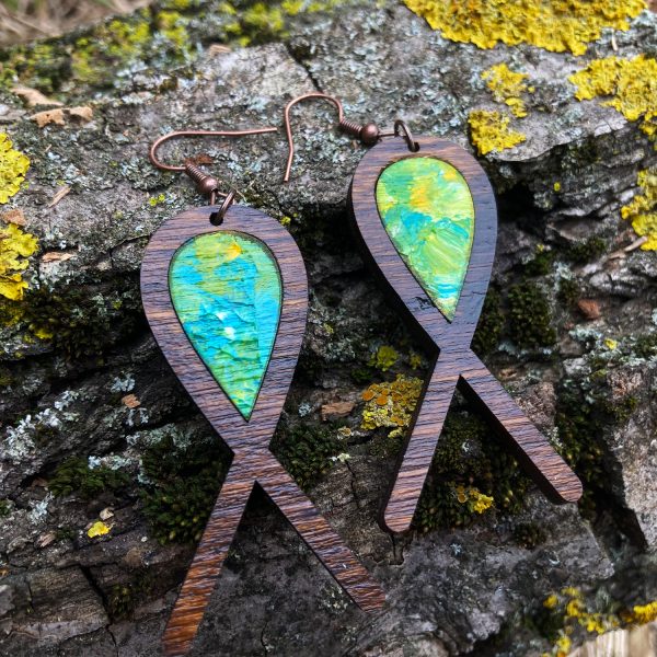 Cercei din Lemn Intarsie Ribbon - Verde