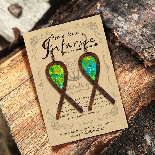 Cercei din Lemn Intarsie Ribbon - Verde