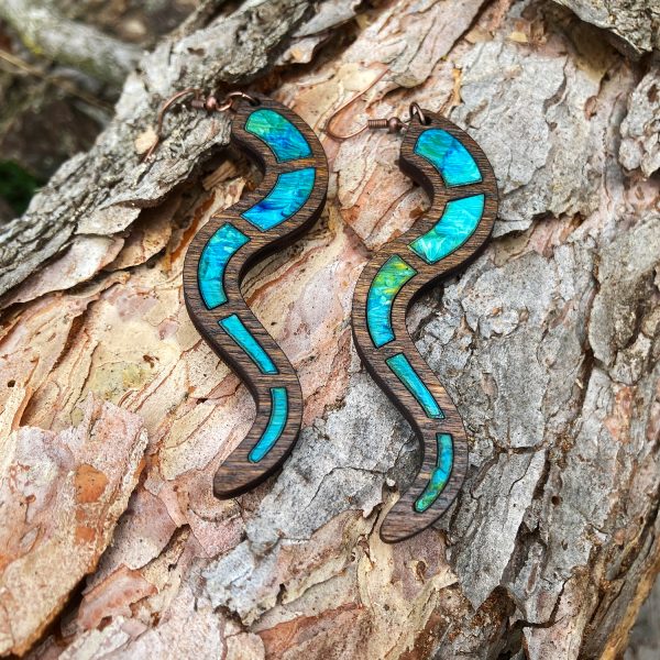 Cercei din Lemn Intarsie Snake - Albastru