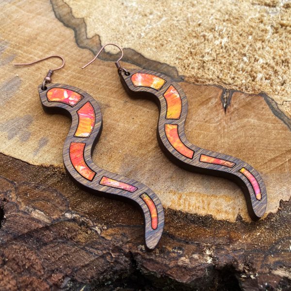 Cercei din Lemn Intarsie Snake - Rosu