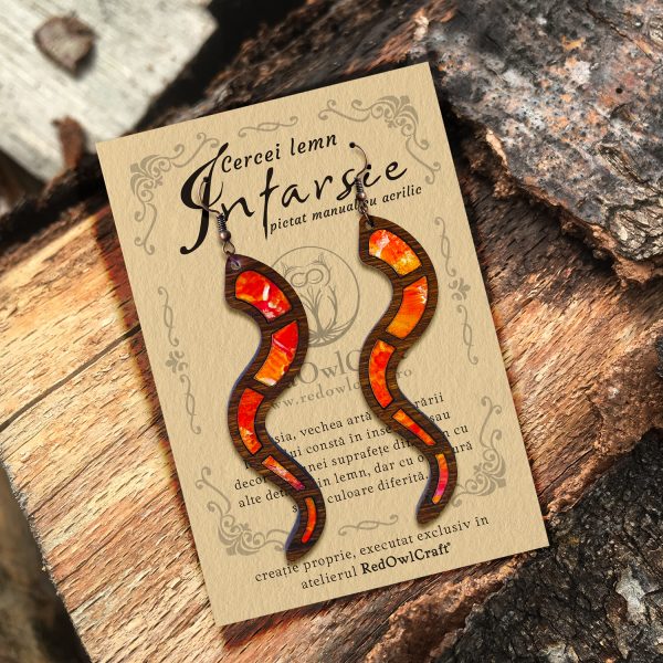 Cercei din Lemn Intarsie Snake - Rosu