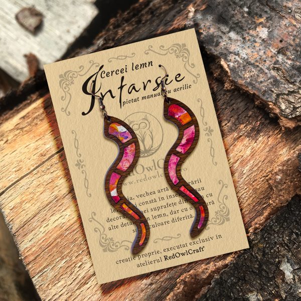 Cercei din Lemn Intarsie Snake - Roz