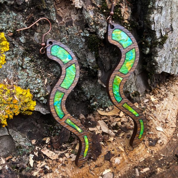 Cercei din Lemn Intarsie Snake - Verde