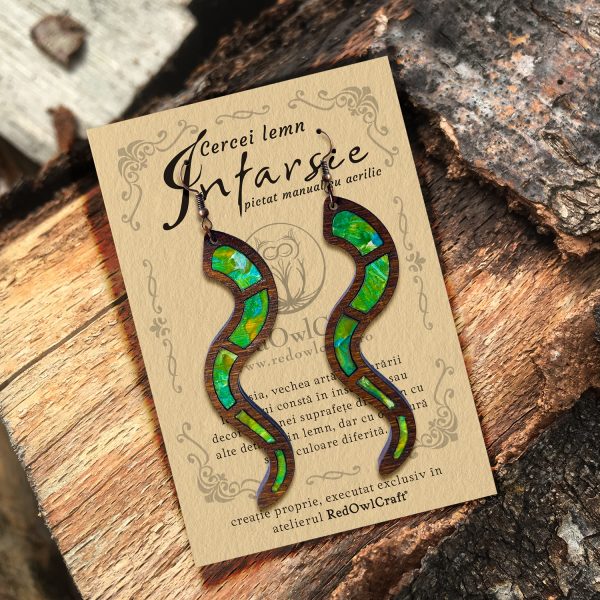 Cercei din Lemn Intarsie Snake - Verde