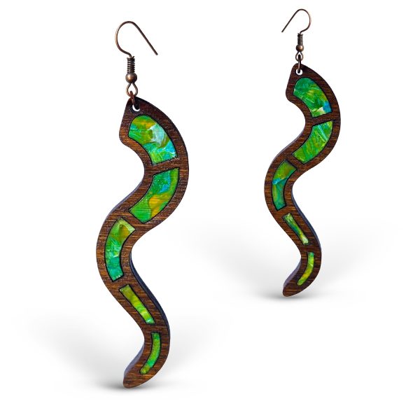 Cercei din Lemn Intarsie Snake - Verde