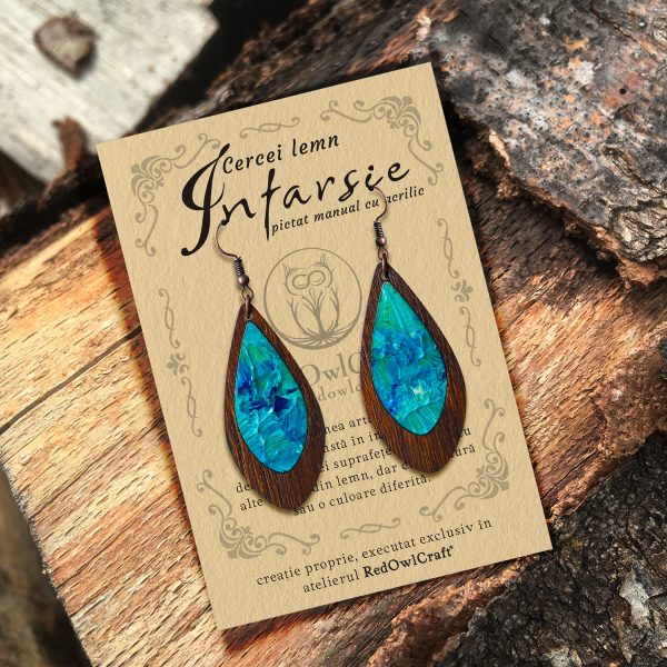 Cercei din Lemn Intarsie Tear Drop - Albastru