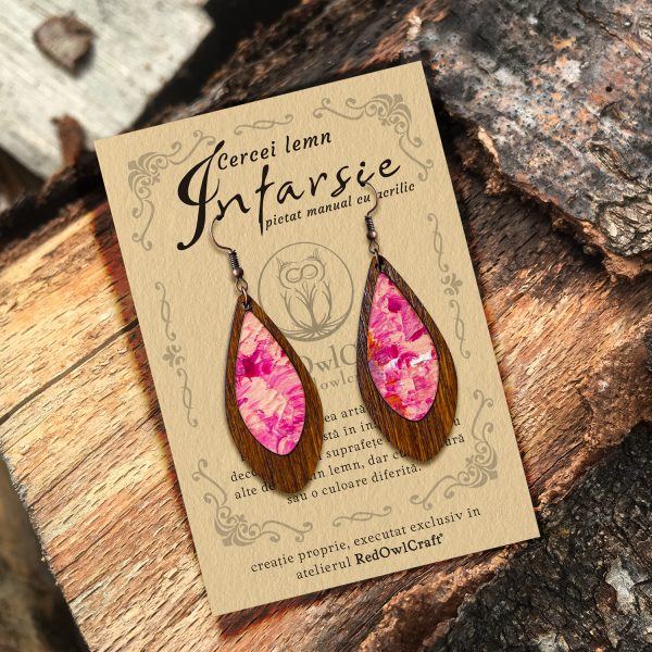 Cercei din Lemn Intarsie Tear Drop - Roz