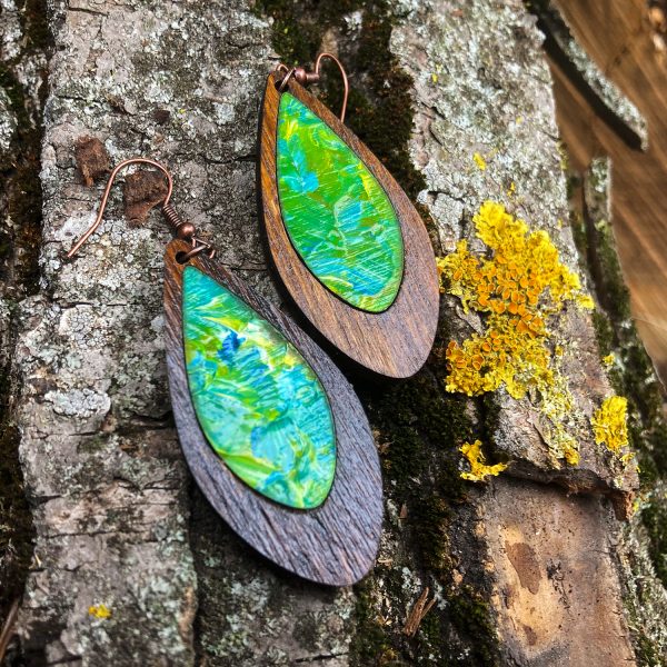 Cercei din Lemn Intarsie Tear Drop - Verde