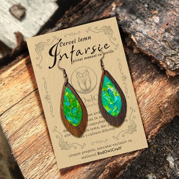 Cercei din Lemn Intarsie Tear Drop - Verde