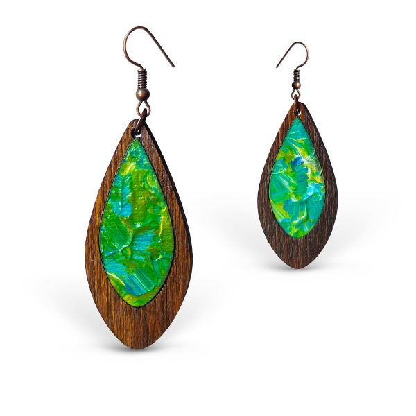 Cercei din Lemn Intarsie Tear Drop - Verde