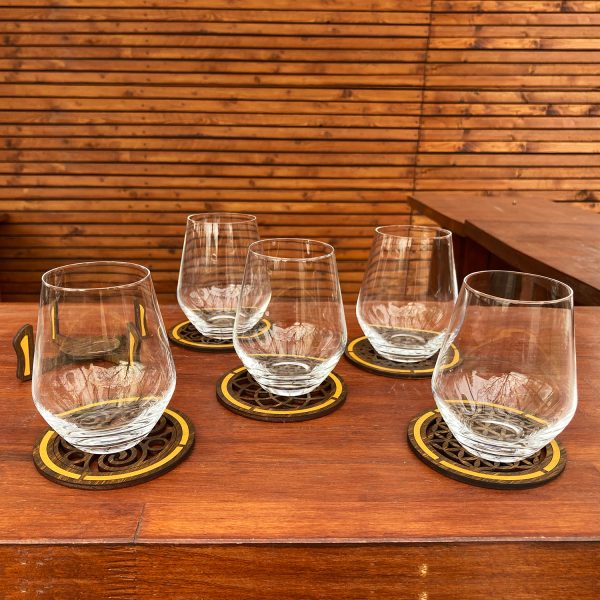 Set de 5 Coasters din Lemn - Intarsie Artizanala cu Simboluri Sacre