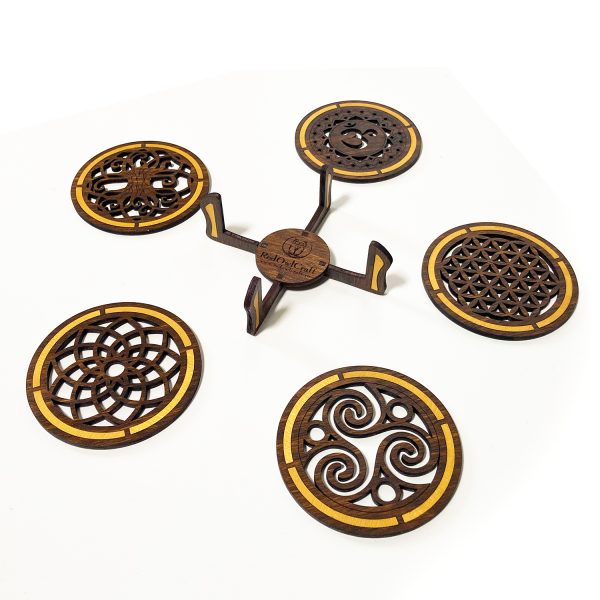 Set de 5 Coasters din Lemn - Intarsie Artizanala cu Simboluri Sacre
