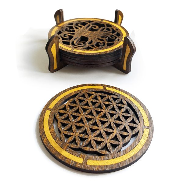 Set de 5 Coasters din Lemn - Intarsie Artizanala cu Simboluri Sacre