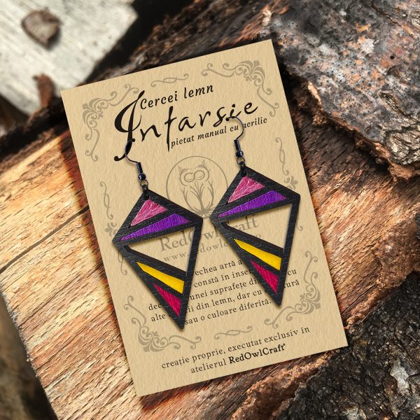 Cercei din Lemn Intarsie Mosaic - Wenge