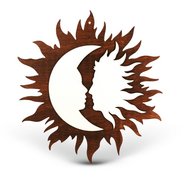 Tablou din lemn pictat manual Soarele si Luna - Alb