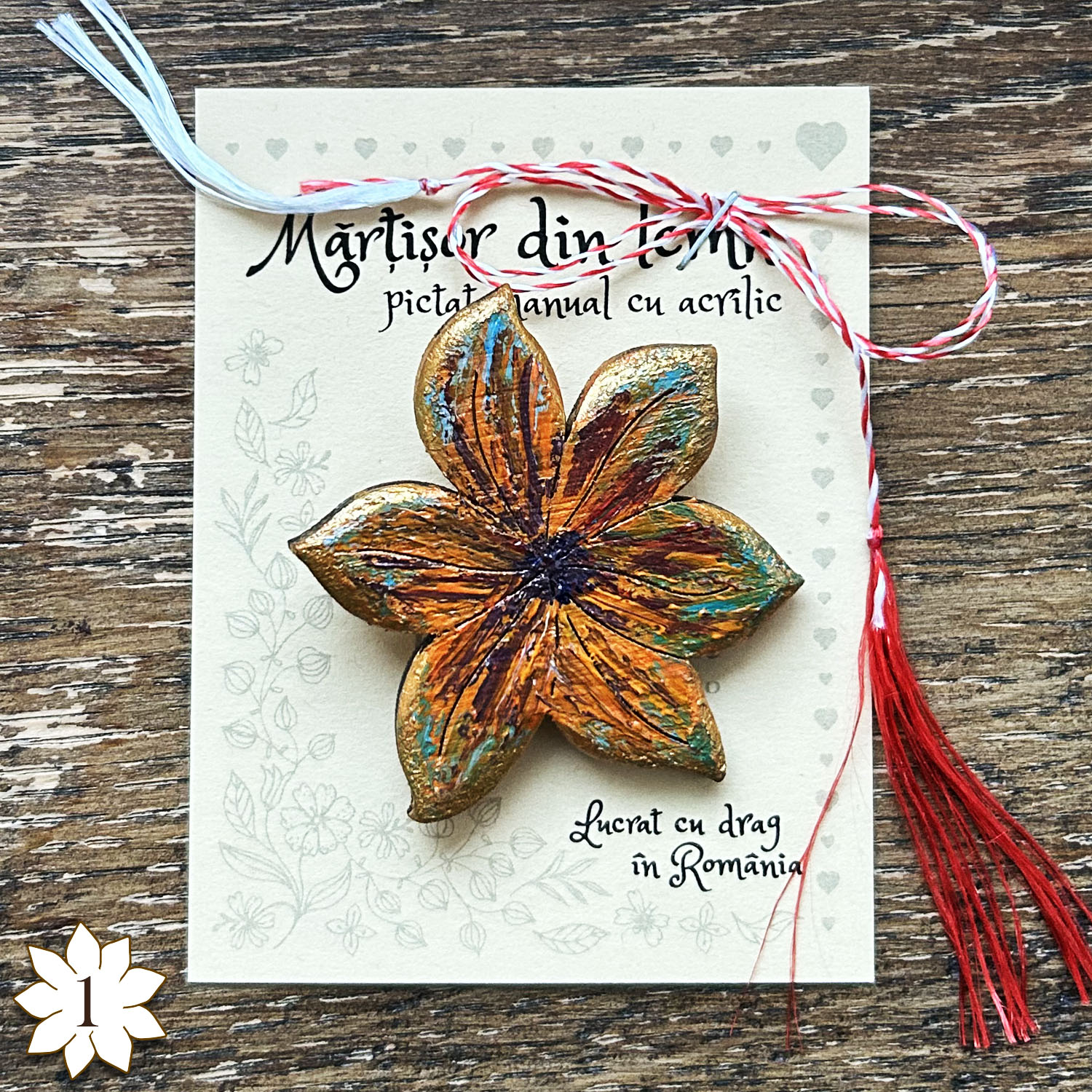 Brosa Unicat din Lemn Pictata Manual - Martisor Floare 1