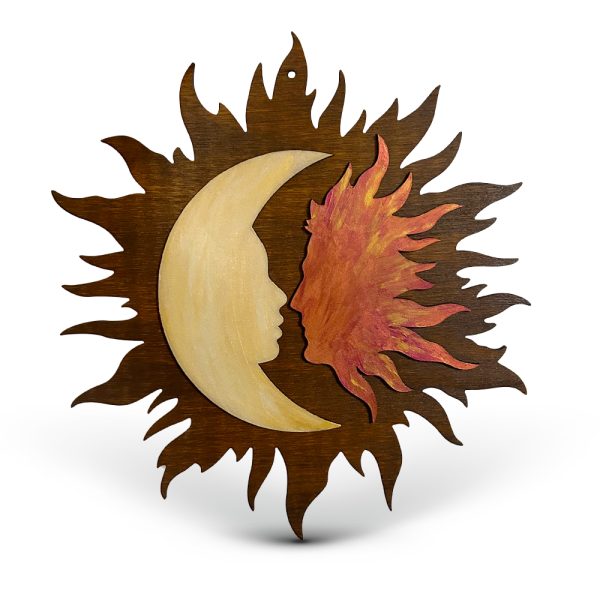 Tablou din lemn pictat manual Soarele si Luna - Metalic Color