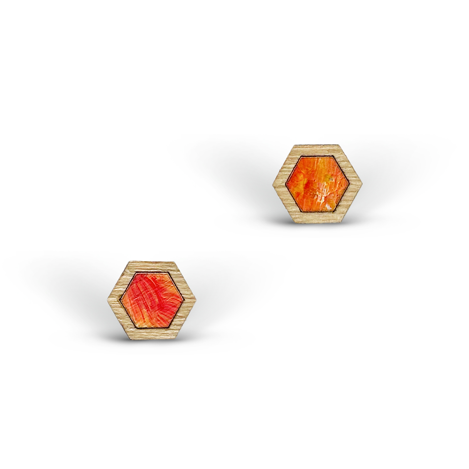 Cercei din Lemn Mini Intarsie Hexagon - Rosu