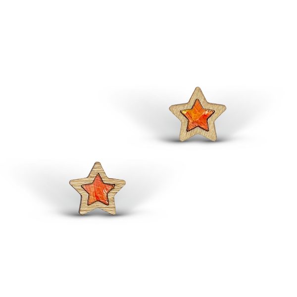 Cercei din Lemn Mini Intarsie Star - Rosu