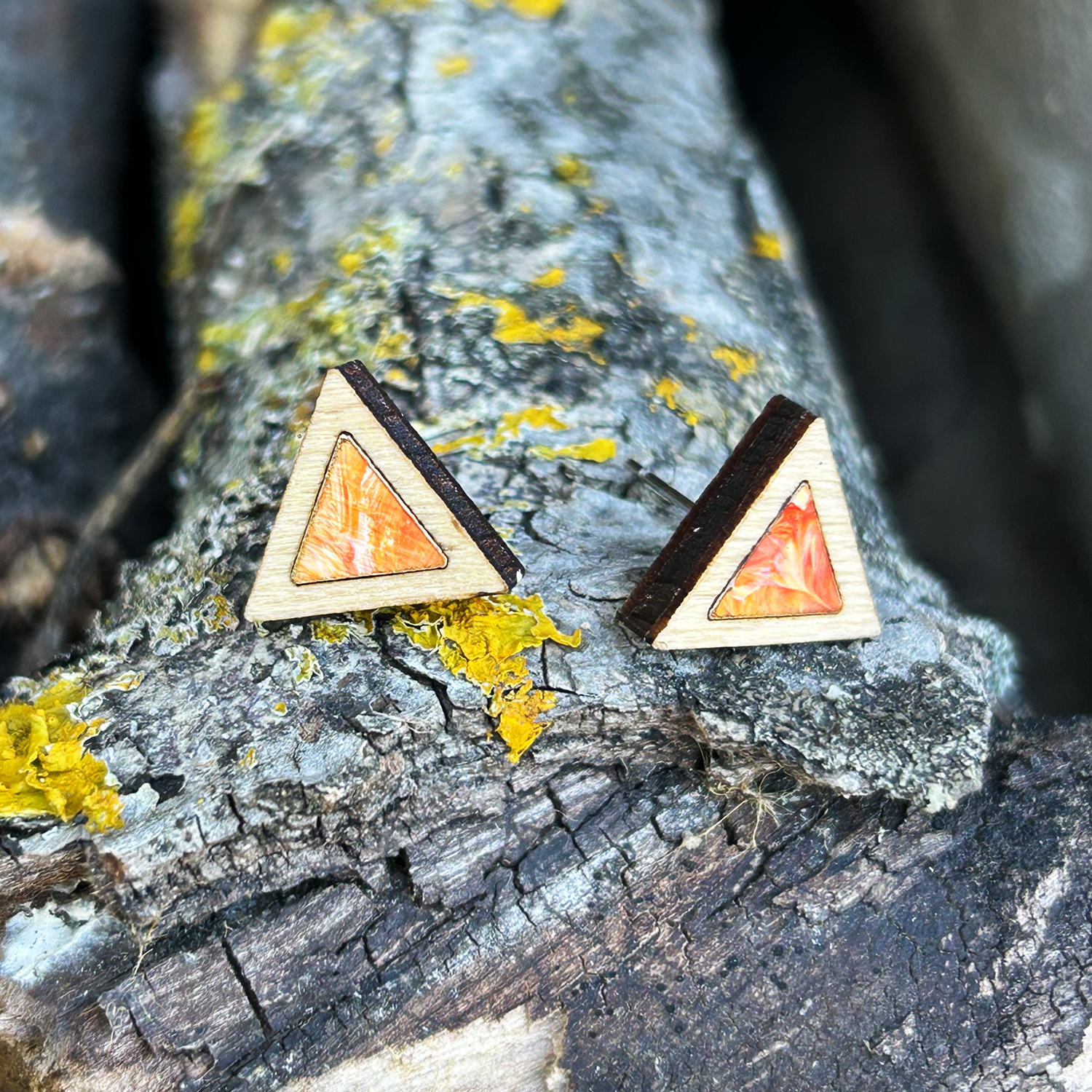Cercei din Lemn Mini Intarsie Triangle - Rosu