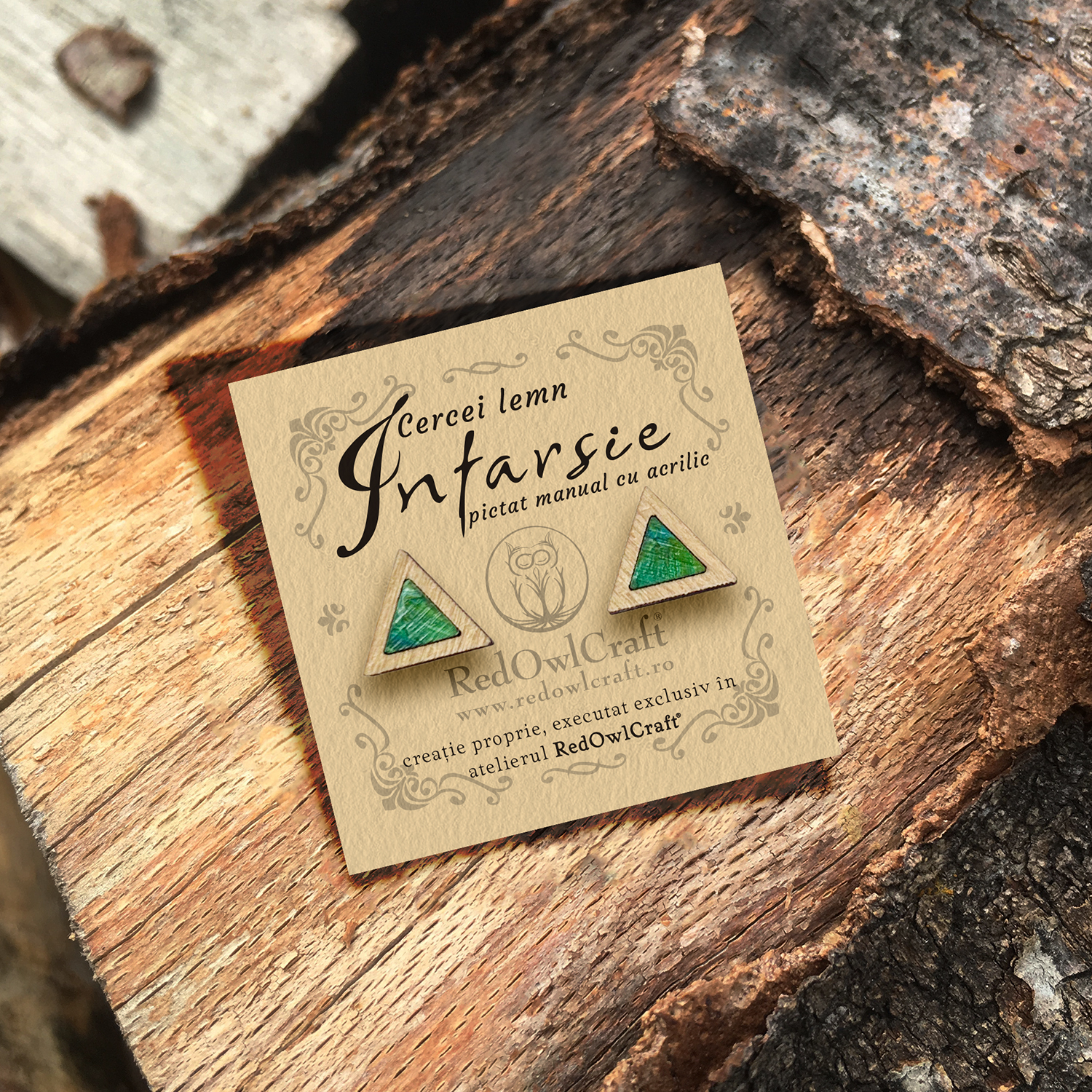 Cercei din Lemn Mini Intarsie Triangle - Verde